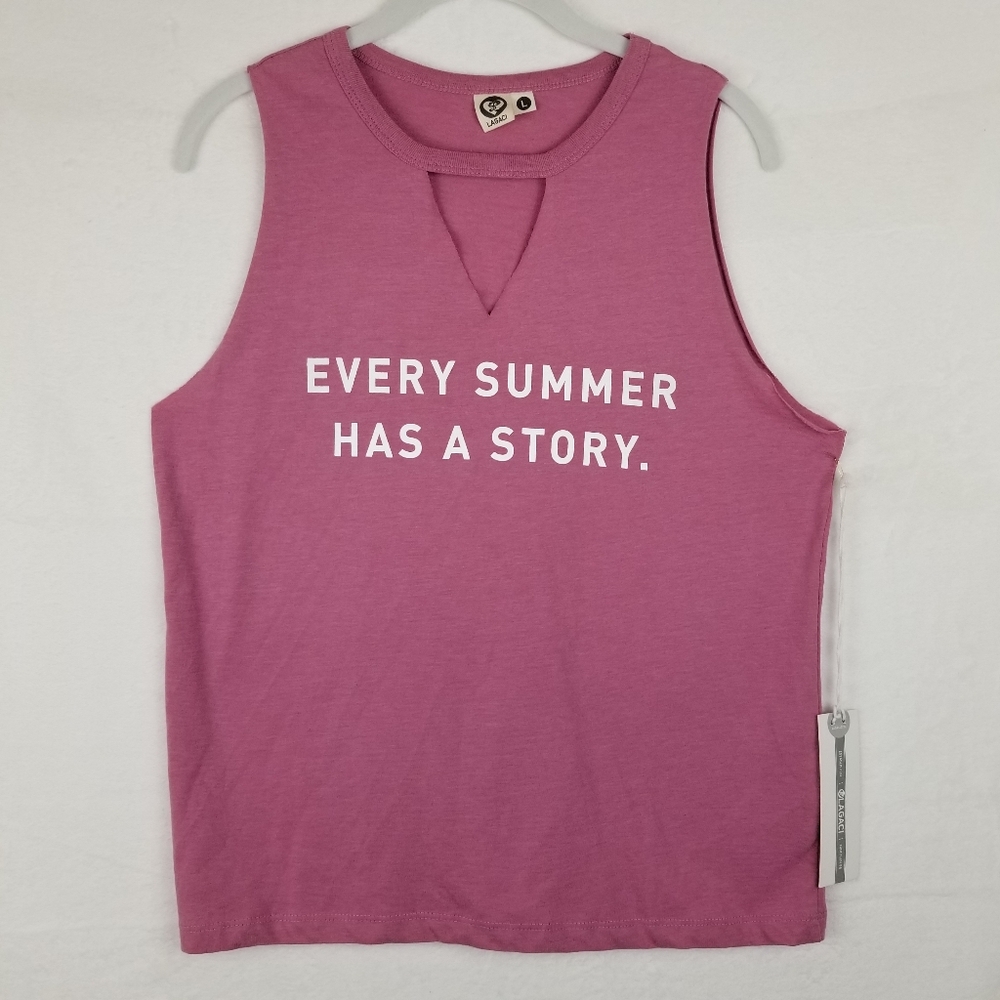 NEW TOP "Every summer has a story" Women's or Junior Size L, Rosewood Pink